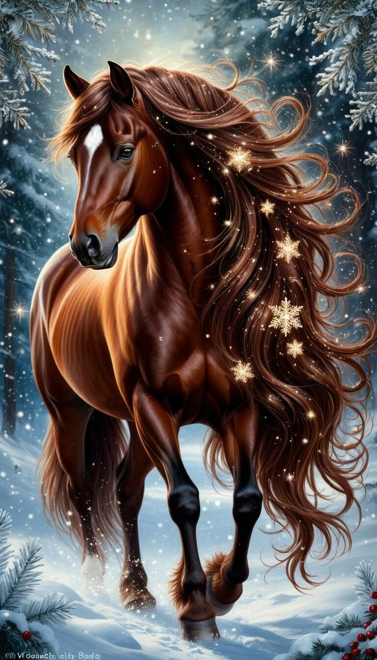 a magical brown stallion in the winter forest