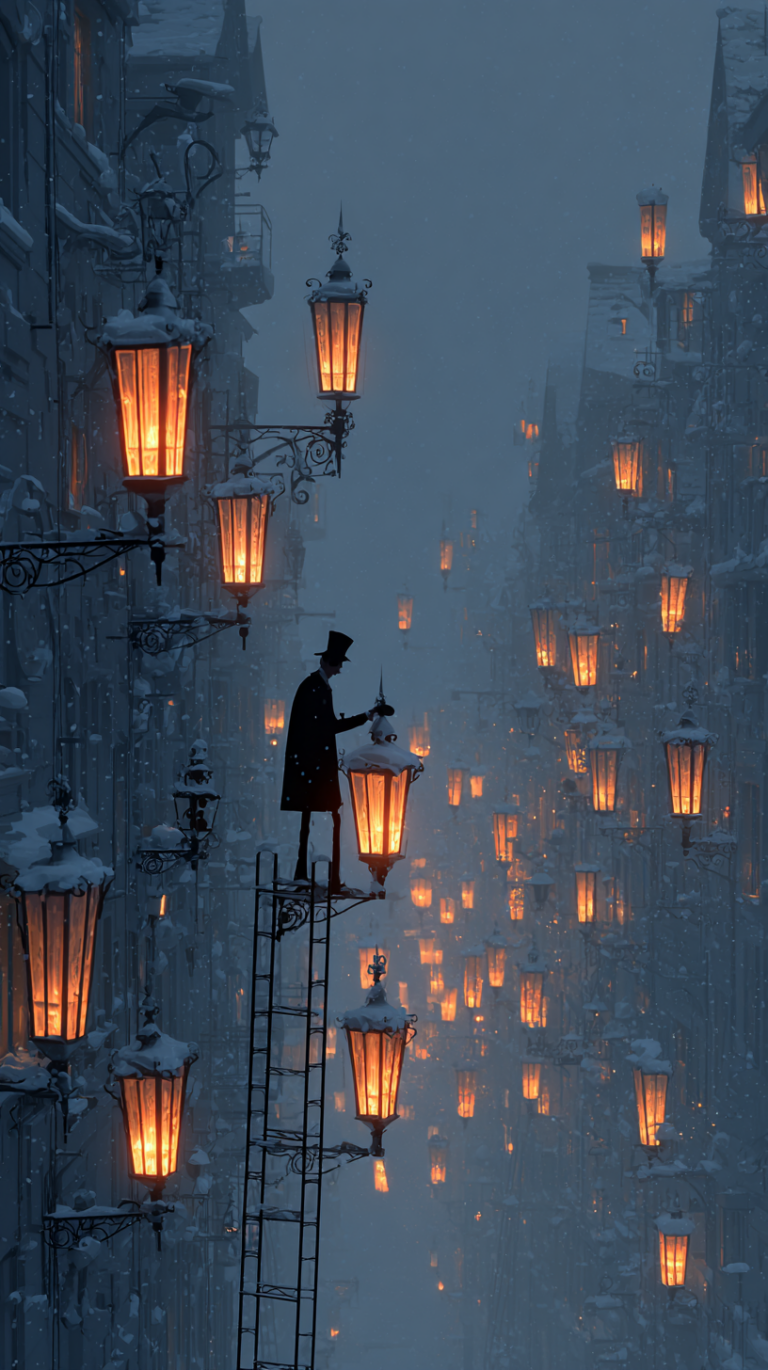 Сторож зажигает фонари в зимнем городе: уютный сказочный свет ночи