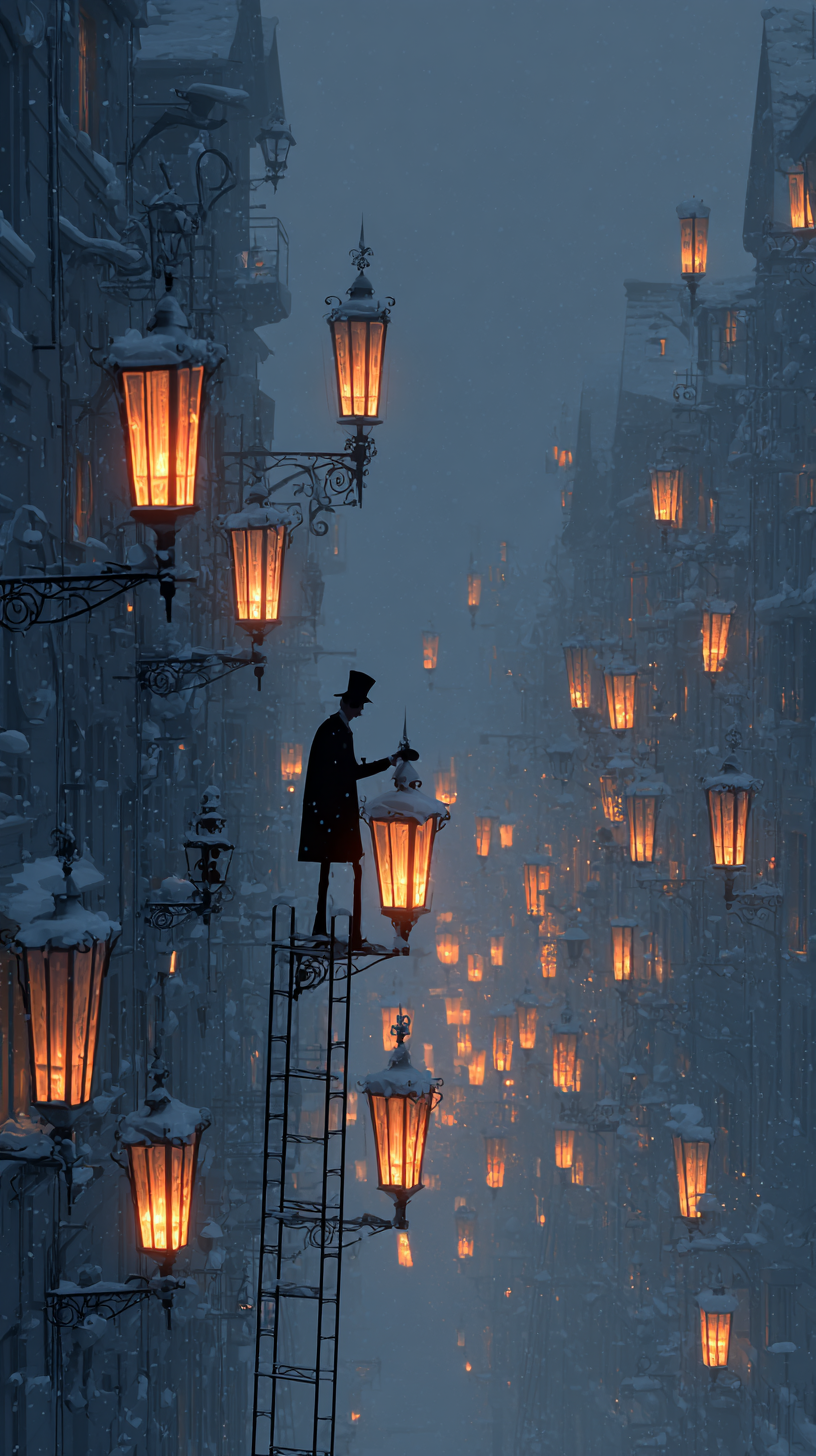 Сторож зажигает фонари в зимнем городе: уютный сказочный свет ночи